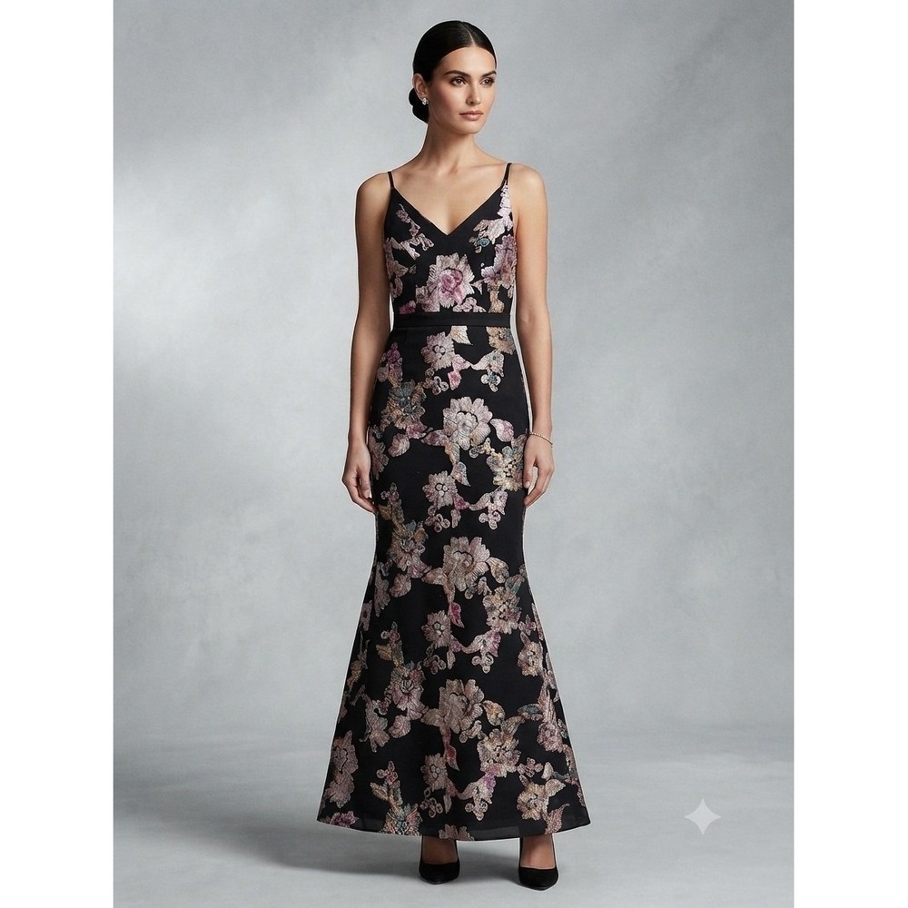 Xscape Formal Black Evening Dress Floral Ribbon Embellishments New Years 4 Read